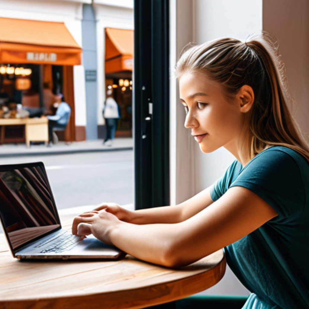 Digital nomad working at a cafe with a laptop, modern, bright.