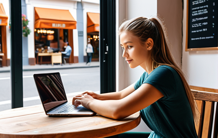 Digital nomad working at a cafe with a laptop, modern, bright.