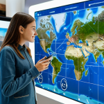 A professional, young female traveler, fully clothed in modest, modern smart casual attire, interacting with a holographic interface that displays hyper-personalized travel itineraries and real-time data, with subtle augmented reality elements showing map overlays and local recommendations around her. She is in a bright, futuristic travel planning hub, emphasizing AI-driven customization and seamless digital experiences. safe for work, appropriate content, fully clothed, perfect anatomy, correct proportions, natural pose, well-formed hands, proper finger count, natural body proportions, professional photography, high quality, family-friendly.